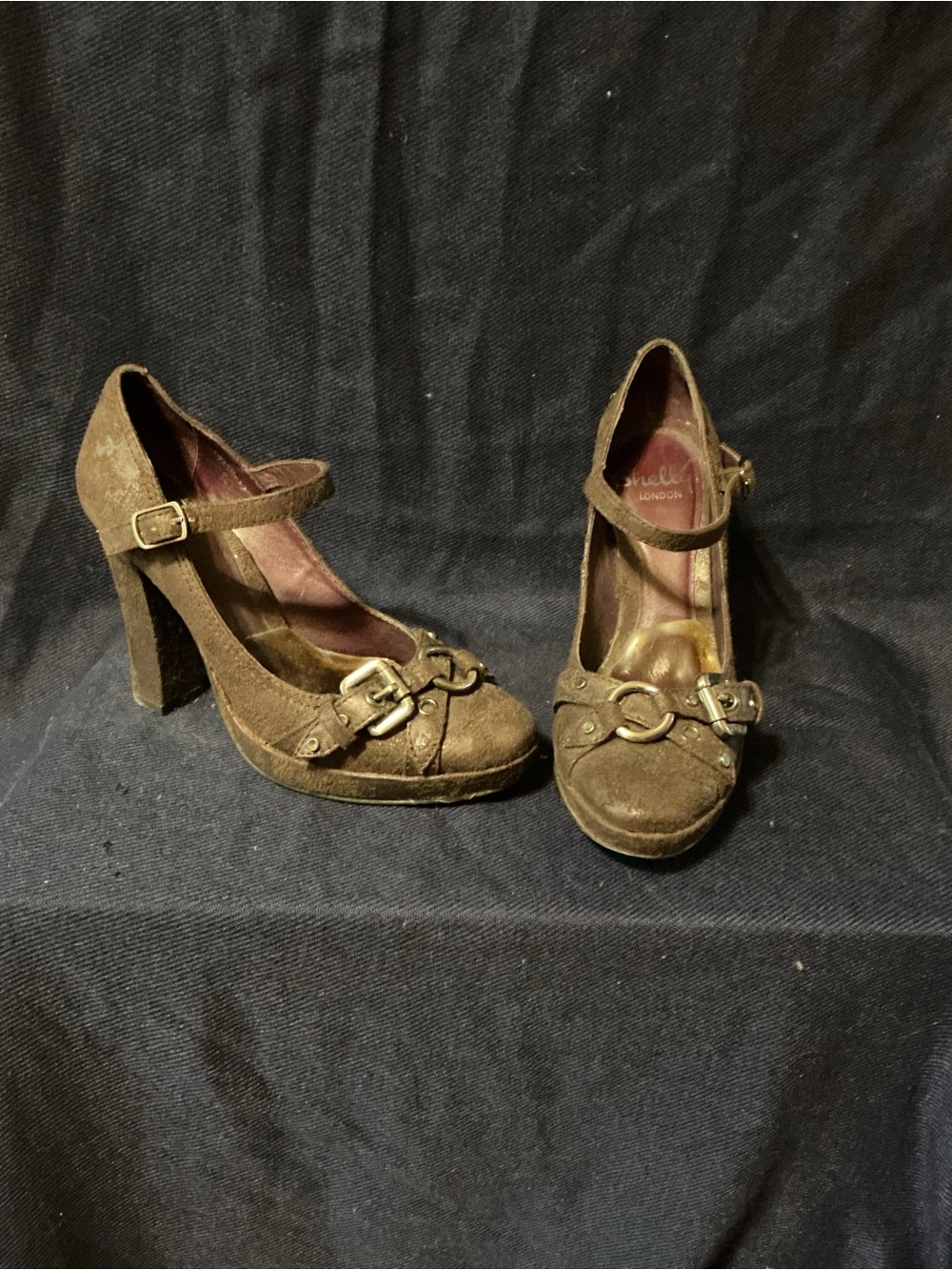 Women's Brown Suede Mary Jane Heels with Buckle Detail